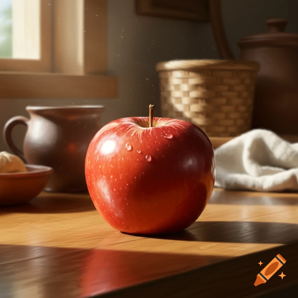 A red apple with water droplets sits on a sunlit wooden table with blurred kitchenware in the background. Photorealistic.