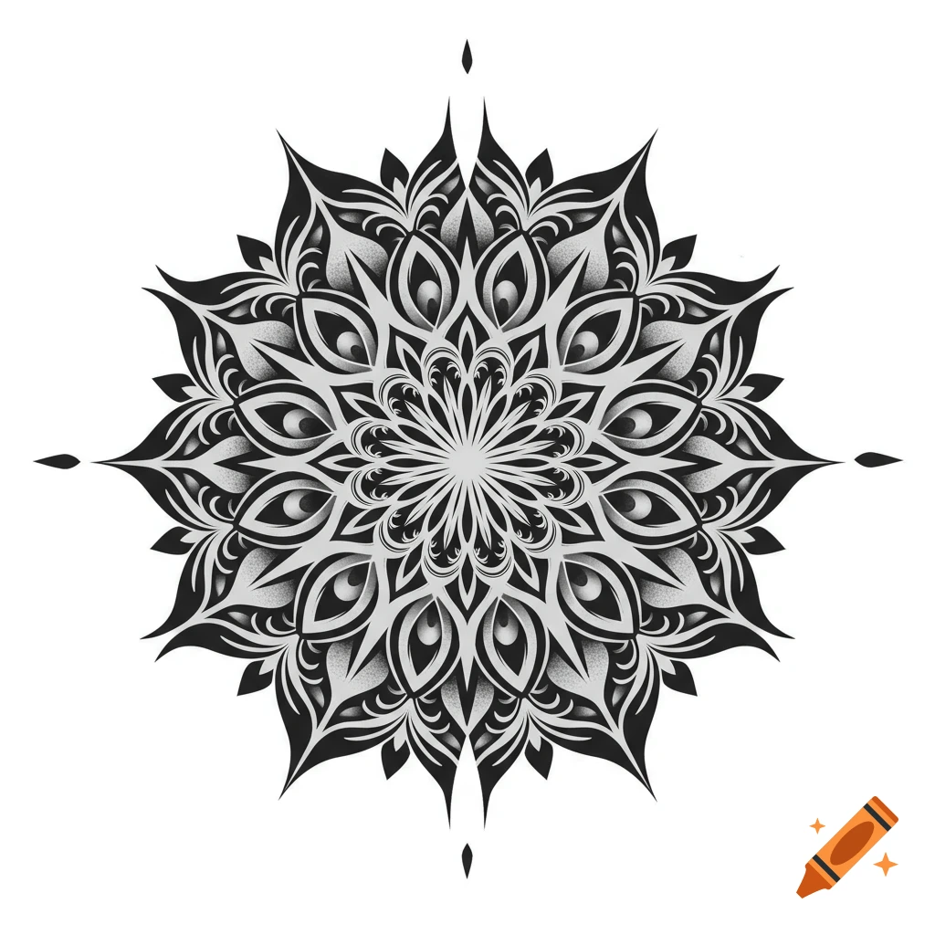A black and white intricate mandala design with a symmetrical floral and eye-like pattern, appearing as a stencil.