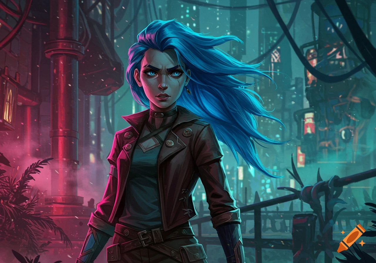 An animated girl with bright blue hair and a stern expression, wearing a dark jacket, stands in a dark, neon-lit cyberpunk city at night.