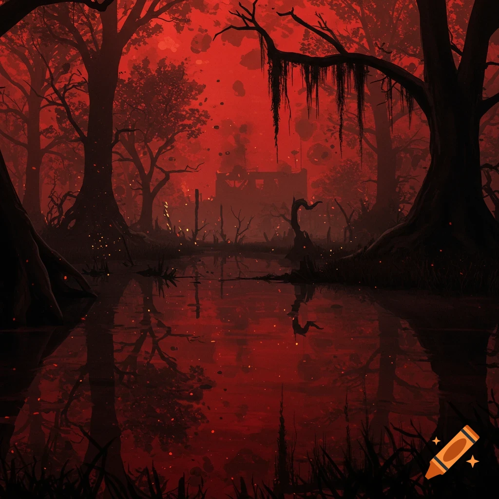 An eerie, dark red swamp forest with silhouetted trees, a ruined structure, and glowing particles reflected in water.