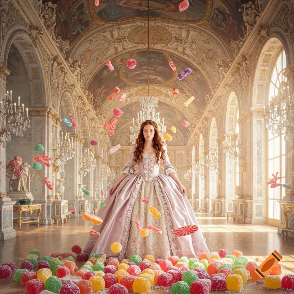 A woman in a pink ballgown stands in a grand palace hall filled with colorful candies on the floor and floating in the air, photorealistic.
