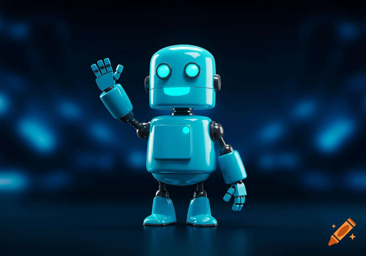A shiny blue cartoon robot with glowing eyes waves its right hand against a dark blue background with blurred lights.