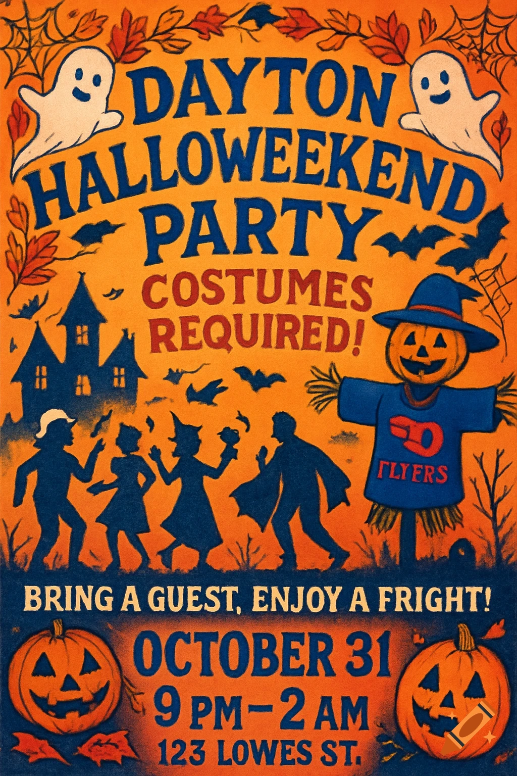 A vintage Halloween party invitation poster with ghosts, jack-o'-lanterns, a haunted house, a scarecrow, and costumed figures.