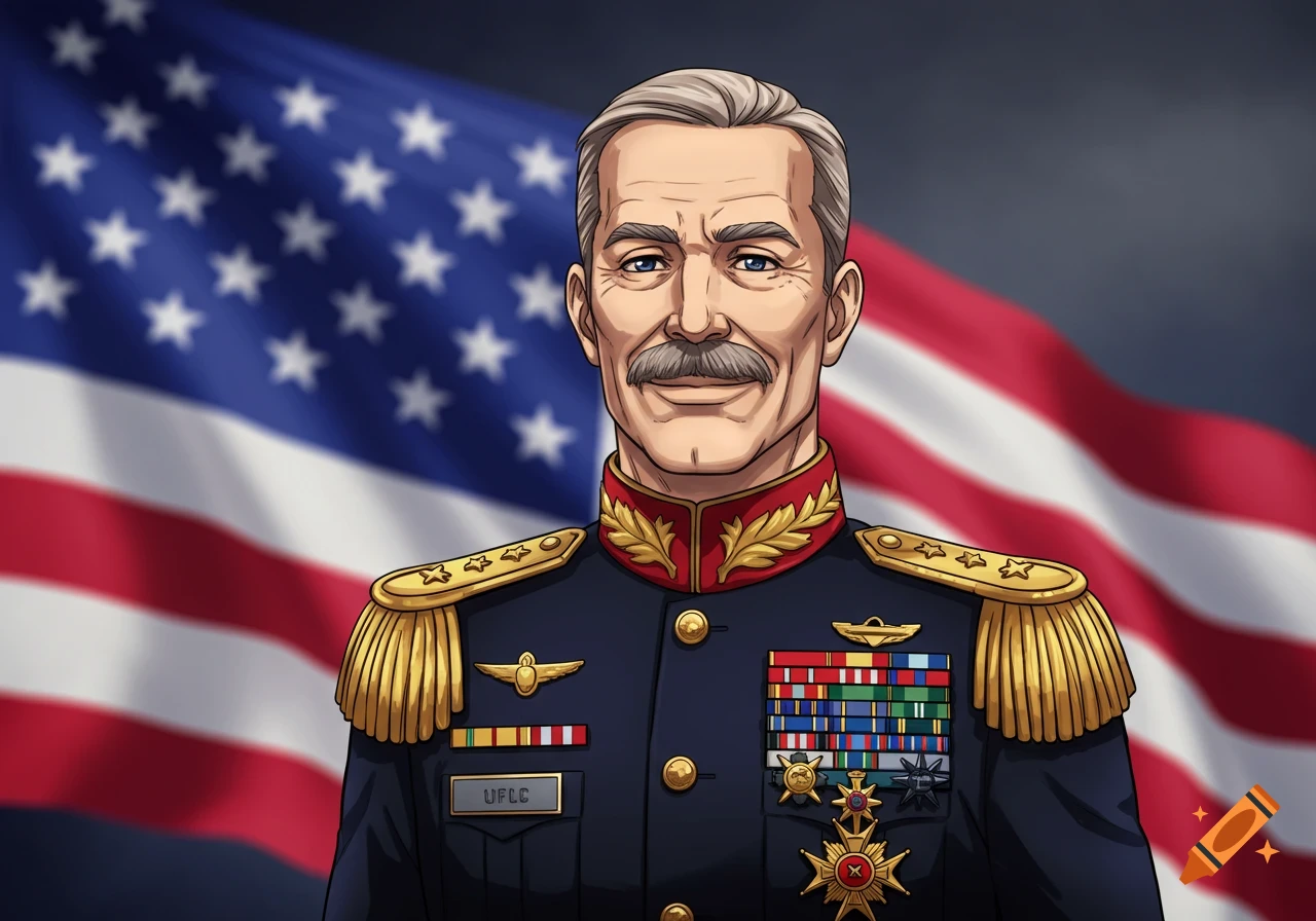 Anime-style portrait of a moustached military general in uniform with medals, standing against a waving American flag.