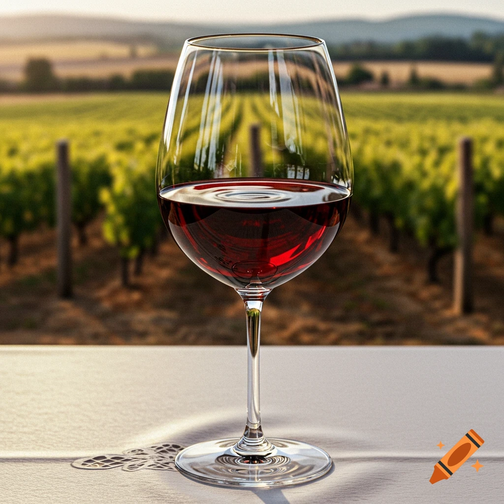 Photorealistic image of a wine glass filled with red wine on a table, with a blurred vineyard in the background.