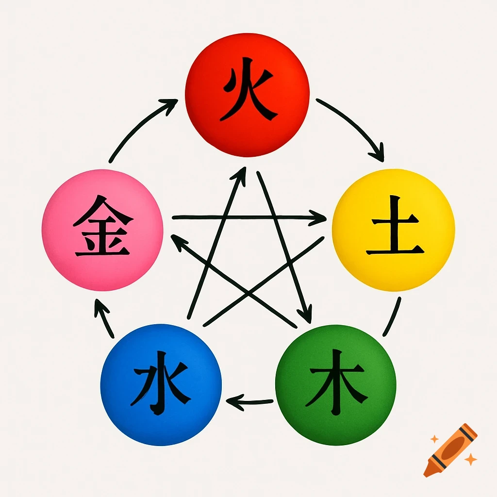 A diagram of the Five Elements Cycles: red for Fire, yellow for Earth, pink for Metal, blue for Water, green for Wood, with connecting arrows.