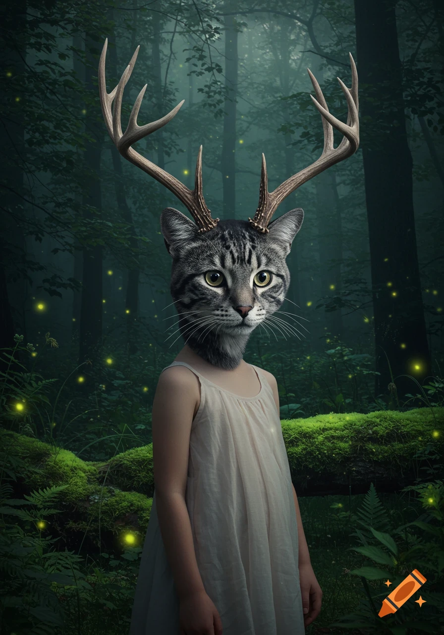 A girl with a tabby cat head and deer antlers stands in a dark, misty forest with glowing fireflies.