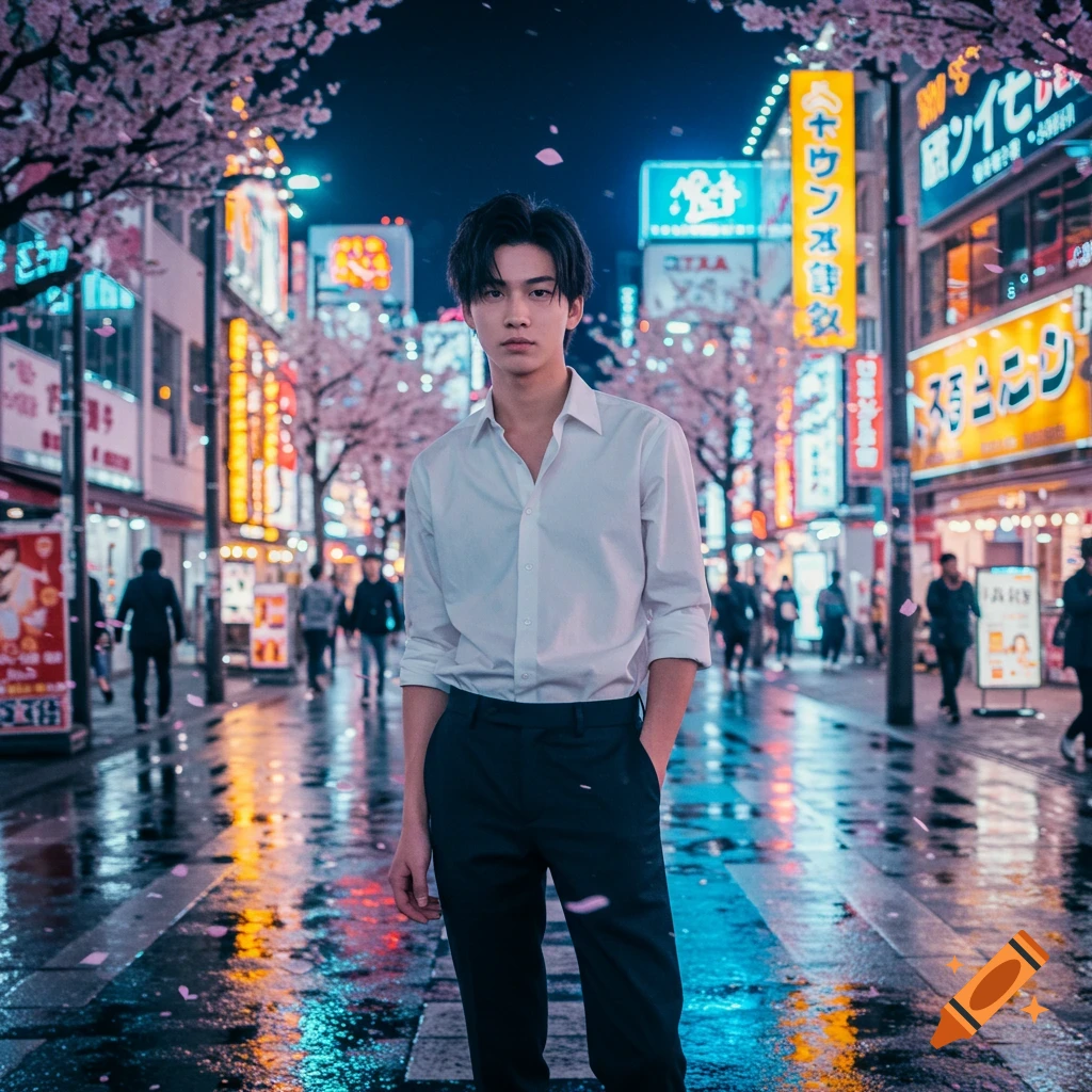 A young man in a white shirt and dark pants stands on a wet street at night, surrounded by illuminated Japanese signs and pink cherry blossoms.