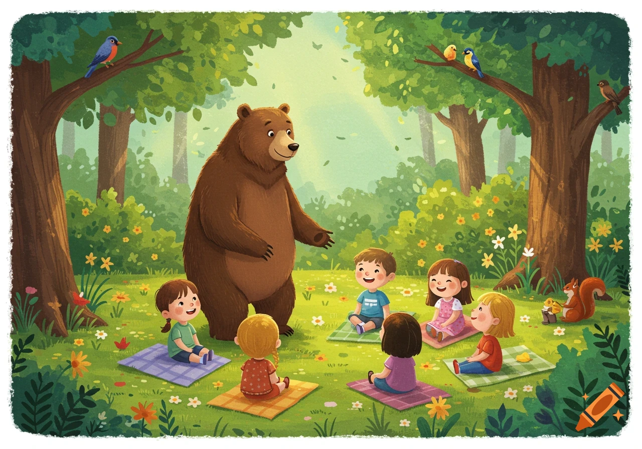 A cute cartoon bear talks to children sitting on blankets in a sunny forest with birds and a squirrel, in a children's book style.