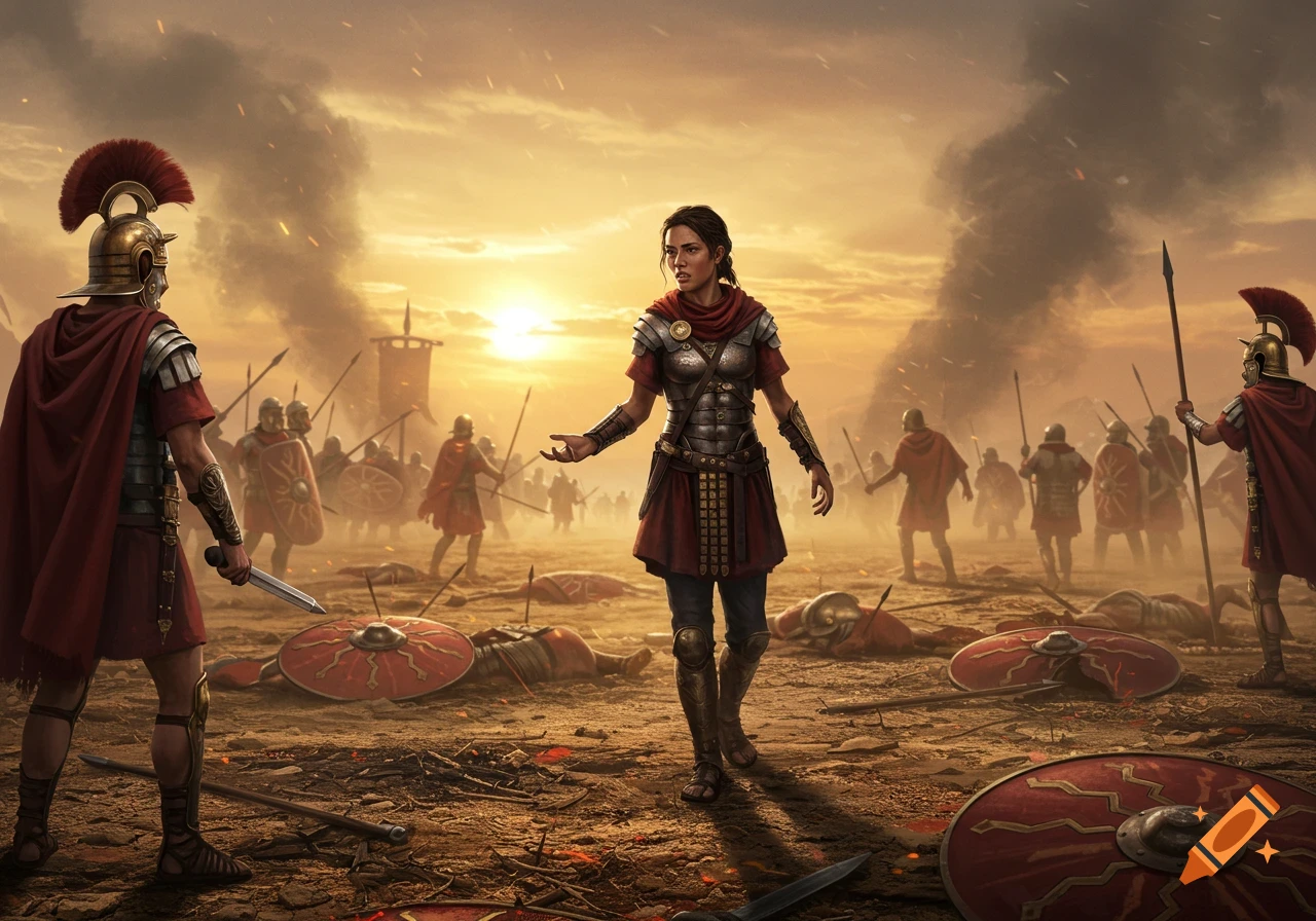 A female warrior in Roman armor stands on a chaotic battlefield at sunset, surrounded by fallen soldiers and advancing troops.