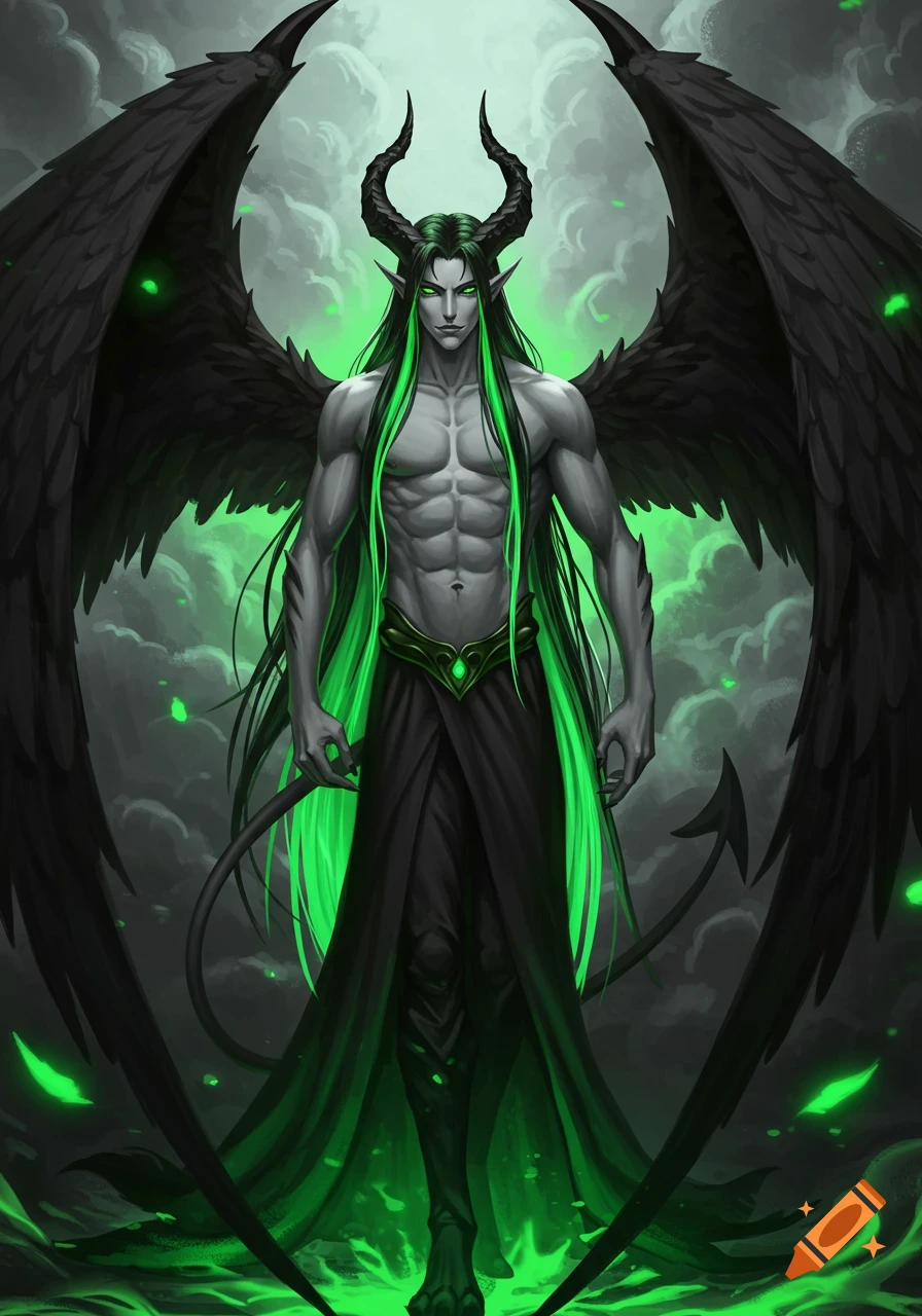A tall male anime demon with long black and neon green hair, dark green eyes, horns, black wings, and a tail, standing in a green glowing mist.