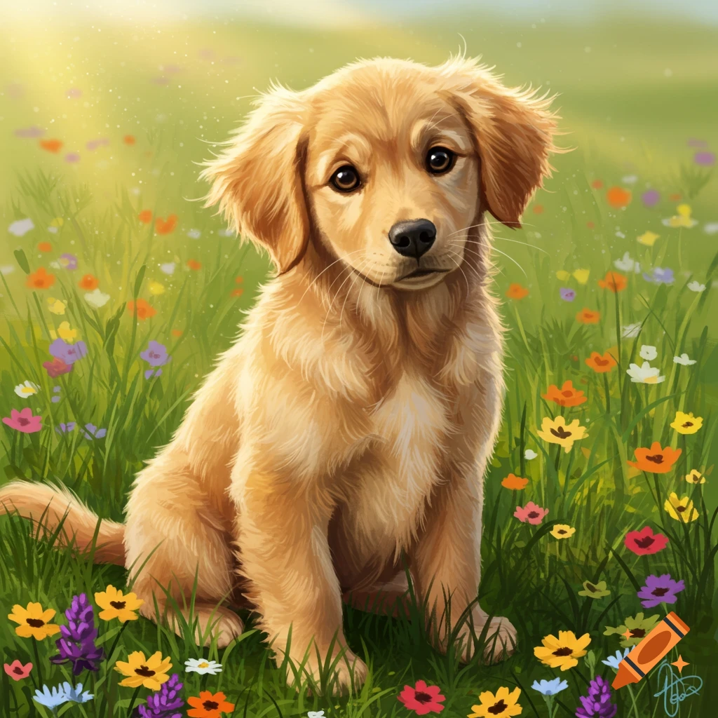 A cute golden retriever puppy sits in a vibrant green field filled with colorful wildflowers under a sunny sky.