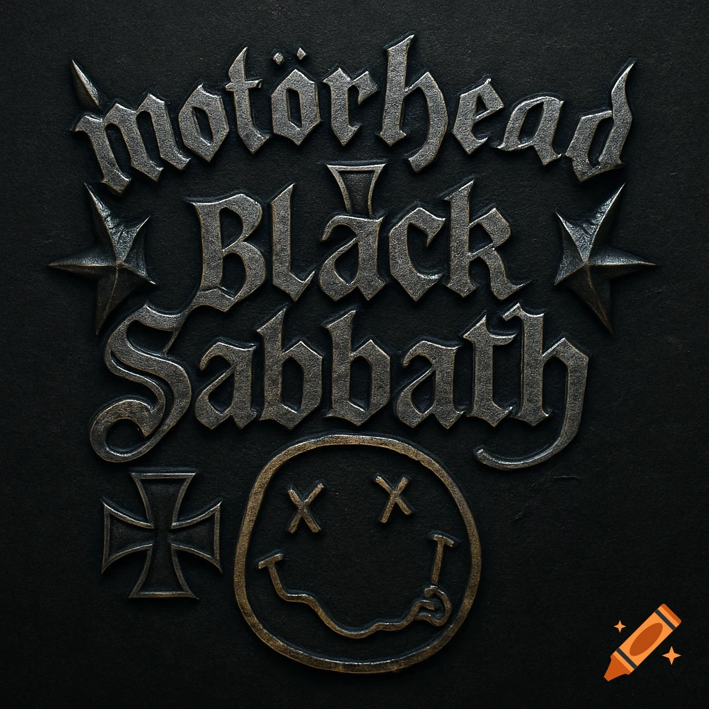 A detailed metallic logo combining the Motörhead, Black Sabbath, and Nirvana band symbols on a dark, textured background.