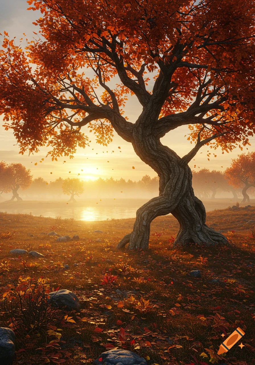 A realistic autumn landscape with an ent-like tree with twisted branches and orange leaves against a misty sunset over water.
