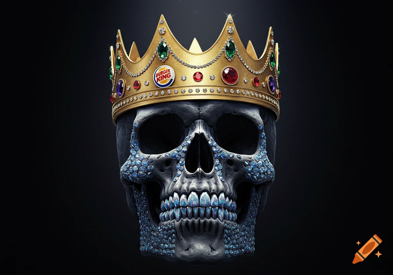 A dark stylized skull with diamond teeth and blue diamond face details, wearing a golden gem-studded crown with a Burger King logo.