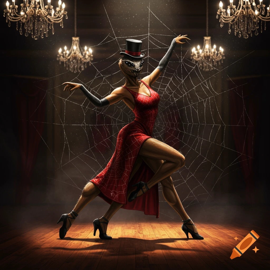 An anthropomorphic orb weaver spider in a red dress and top hat dances tango on a stage with chandeliers and spiderwebs.
