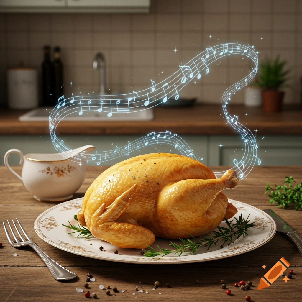 Photorealistic roasted chicken on a plate with rosemary and glowing musical notes, on a wooden table in a kitchen.