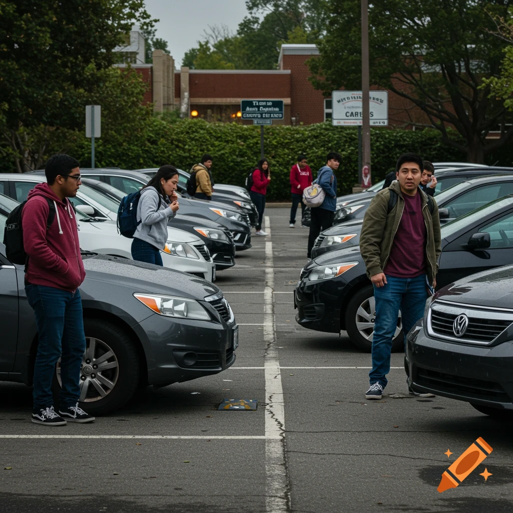 Diverse students walk through a college parking lot filled with cars on an overcast day.