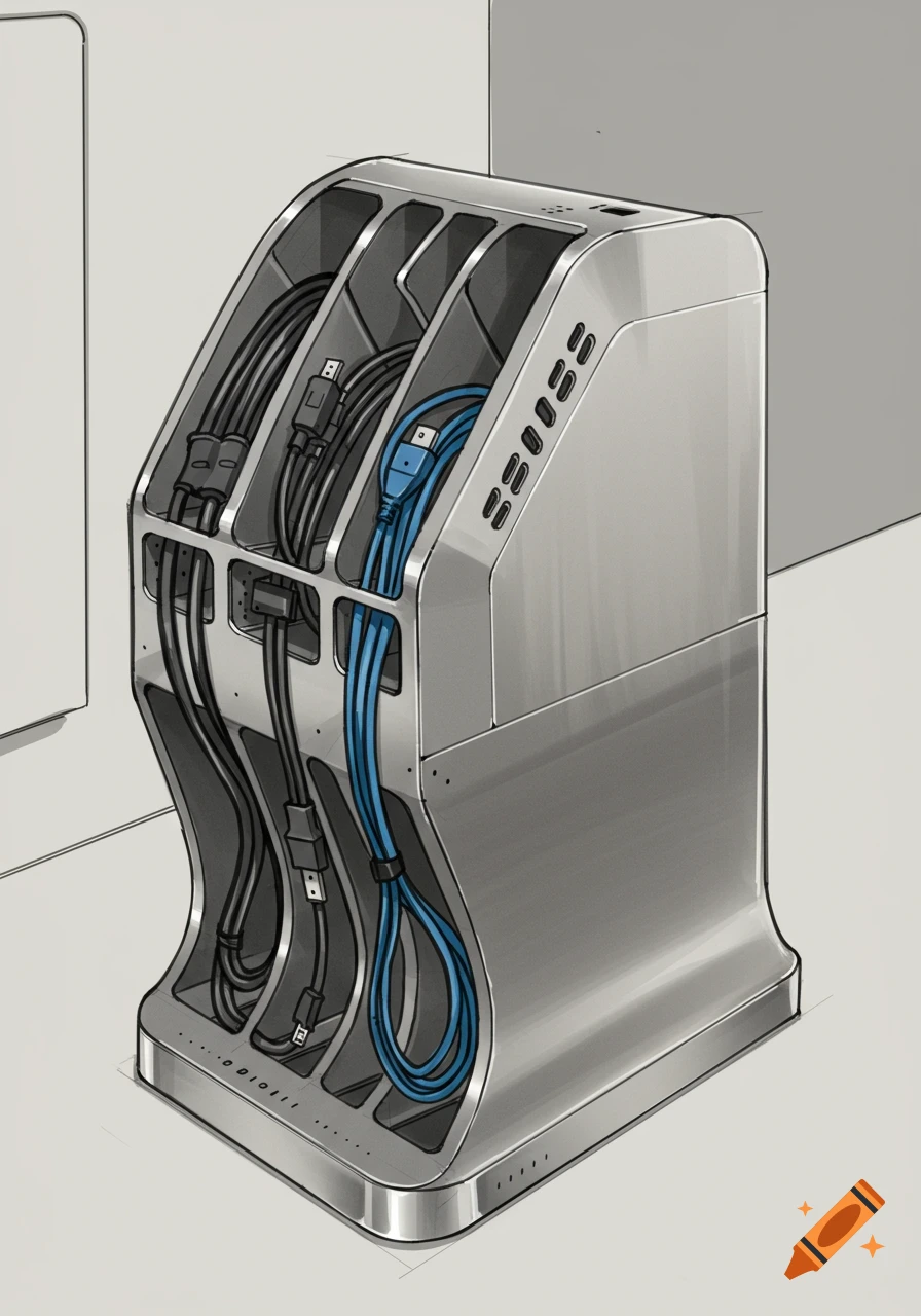 A detailed sketch of a silver cable organizer with black and blue cables neatly stored inside.