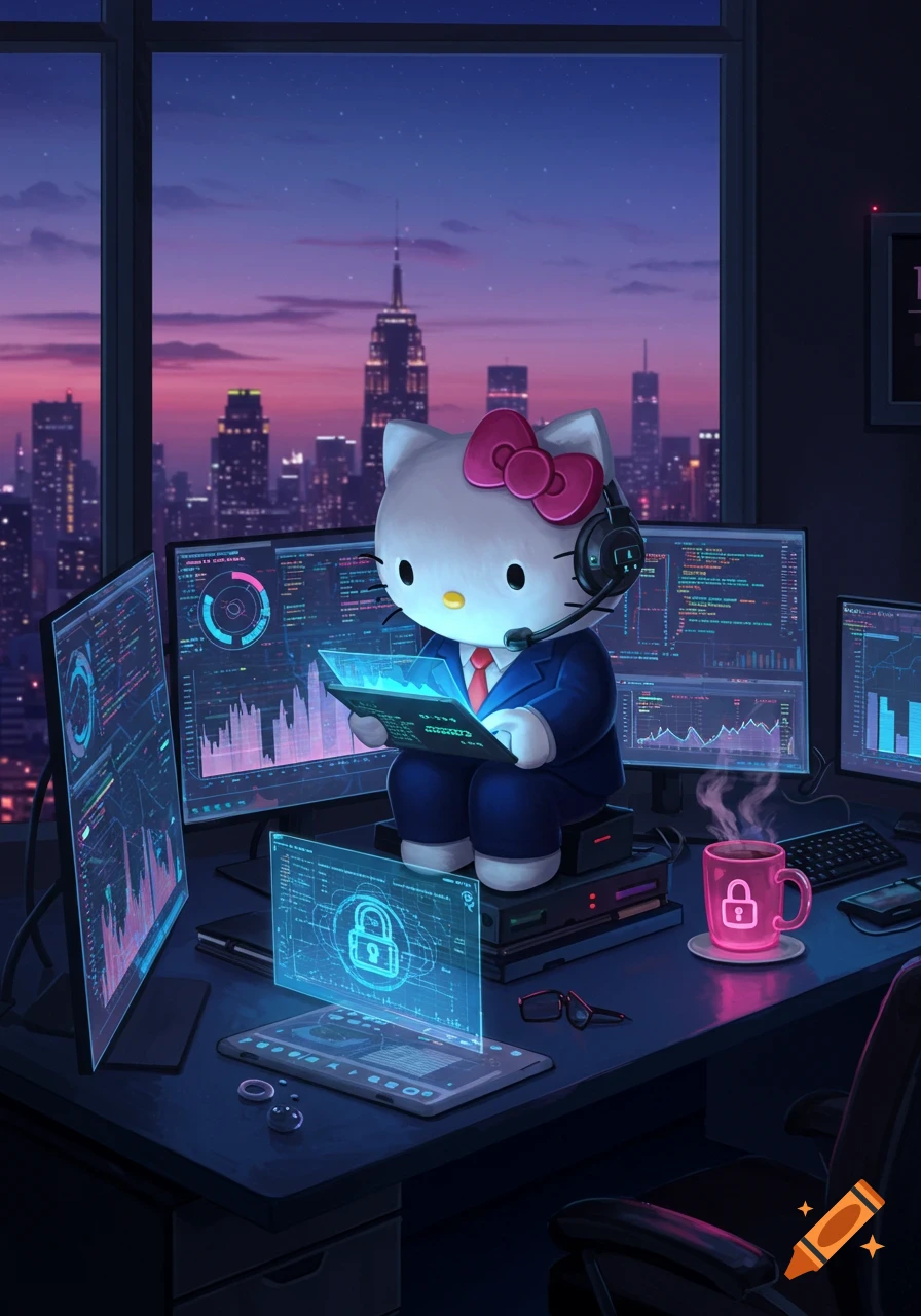 Hello Kitty in a suit and headset works as a security analyst at a desk with glowing screens, overlooking a city skyline at dusk. Digital art.