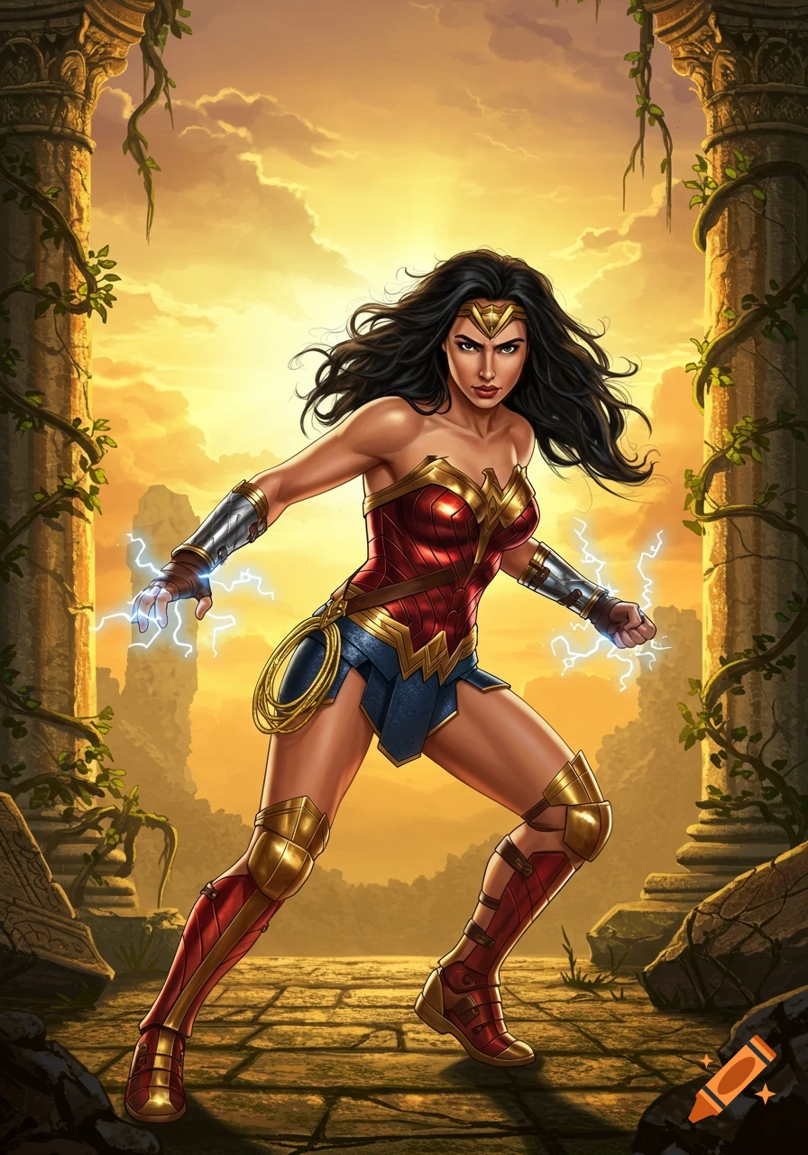 Wonder Woman in her classic red, blue, and gold costume stands heroically amidst ancient ruins at sunset, surrounded by faint lightning.