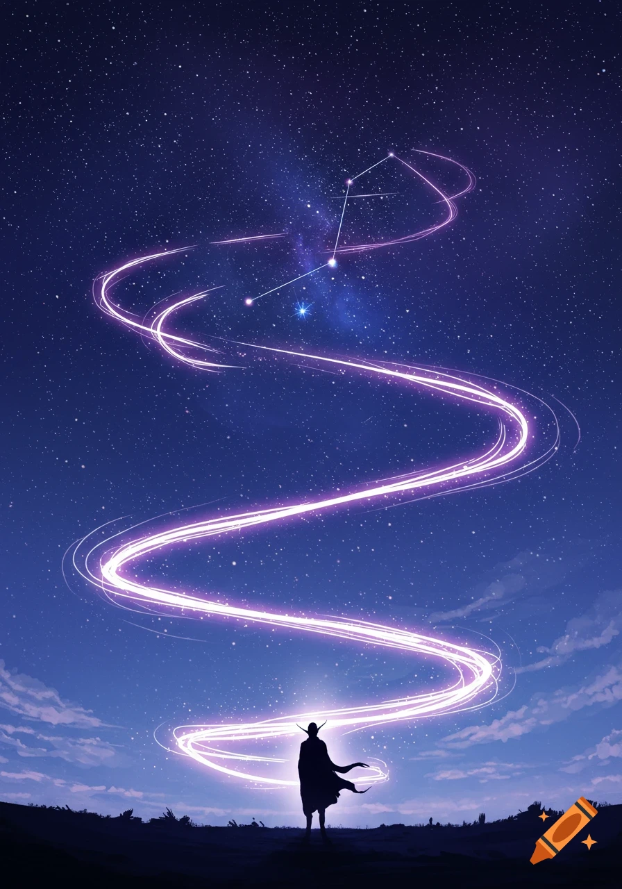 A silhouette figure with horns stands on a hill, gazing at a swirling purple light trail and a constellation in a starry night sky.