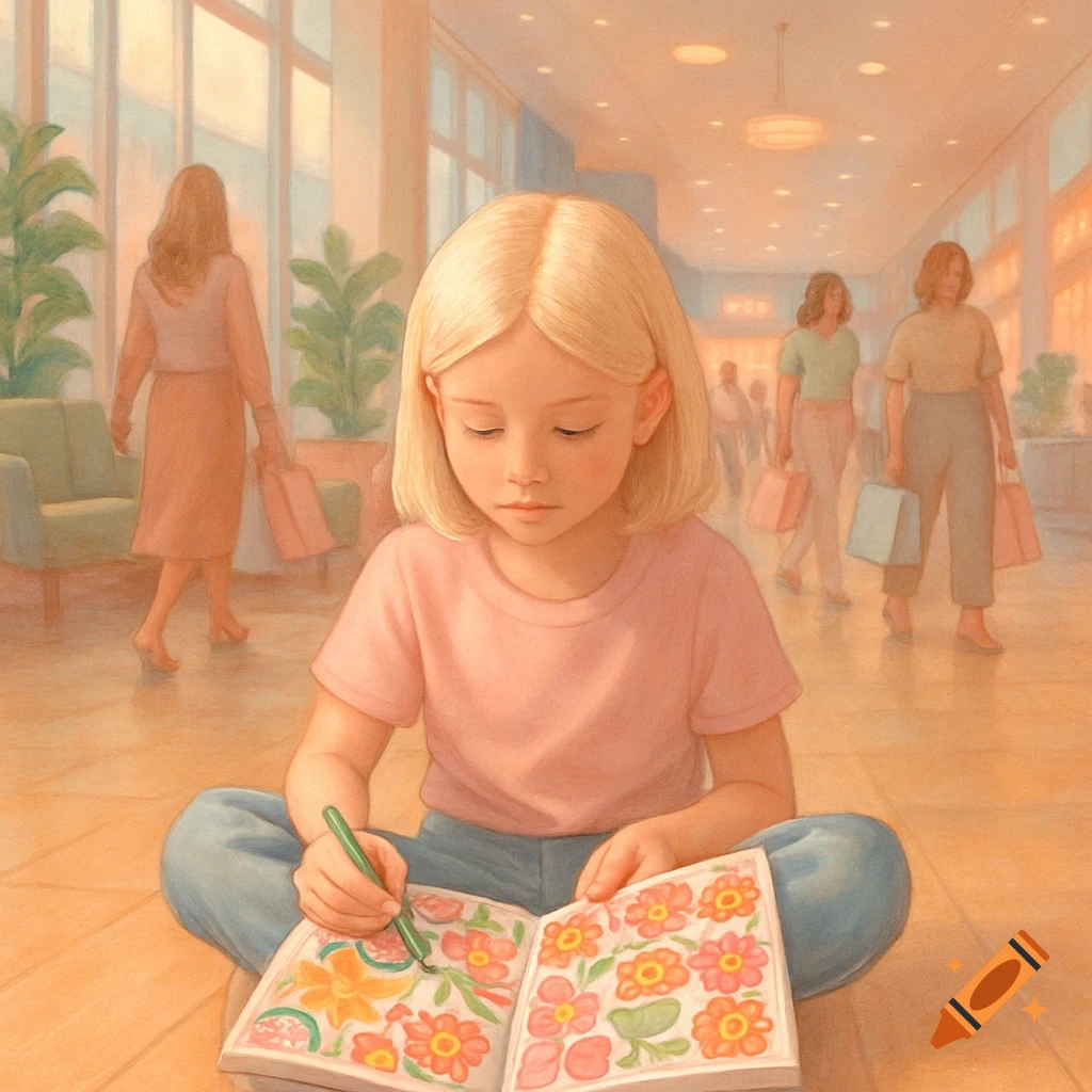 A blonde girl with short hair sits on the floor of a brightly lit mall, coloring flowers in a book with a green marker, as blurred people walk in the background.