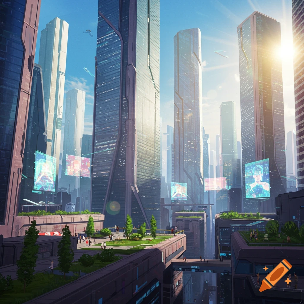 A vibrant futuristic cityscape with towering skyscrapers, holographic displays, and elevated green parks under a sunny sky.