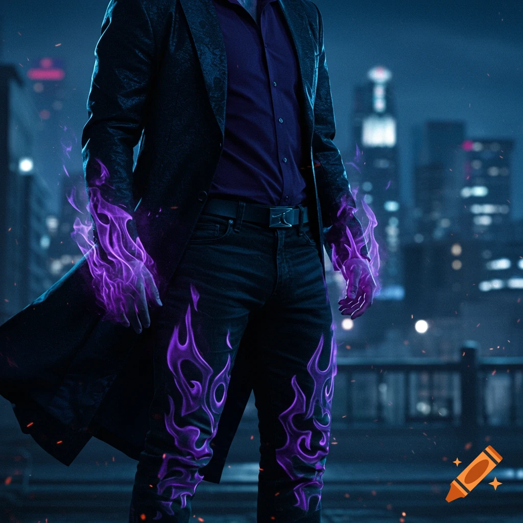 Photorealistic supervillain in black jacket, purple shirt, and black jeans with purple flames on hands and legs, in a city at night.