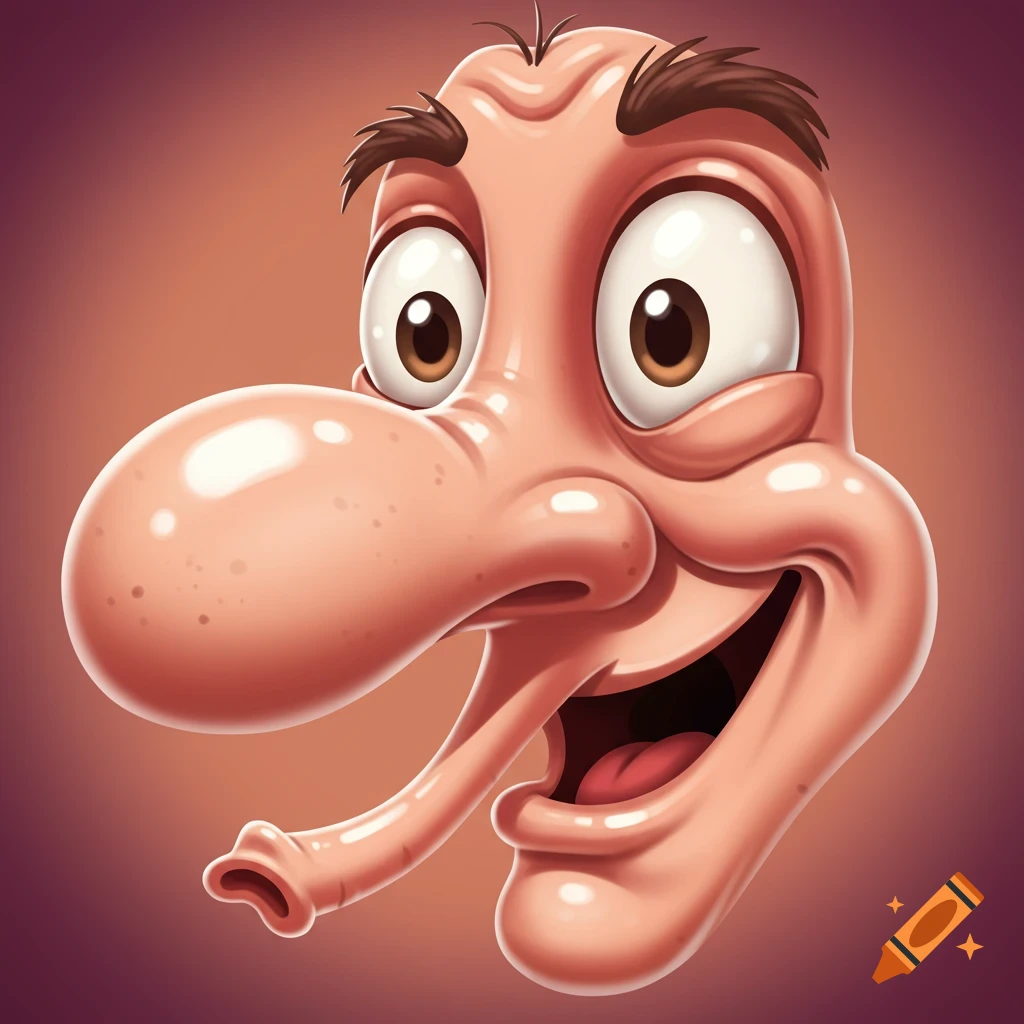 A close-up of a smiling, cartoon face with wide eyes and a long, bulbous, trunk-like nose with a wide tip. The style is 3D rendered cartoon.