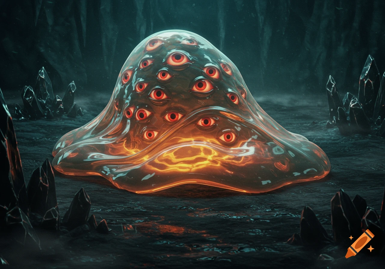 A glowing, orange-hued slime monster covered in many red eyes sits in a dark, rocky cave with crystal formations.