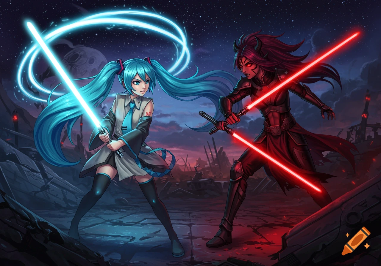 Hatsune Miku as a Jedi duels a red-skinned Sith character with dual lightsabers on a ruined alien world, anime style.