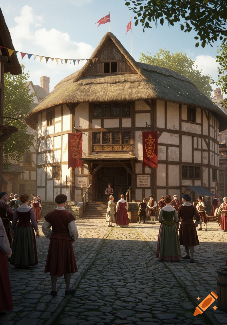A bustling historical scene outside a large, round Globe-style theatre with a thatched roof and many people in period clothing on a cobblestone street.