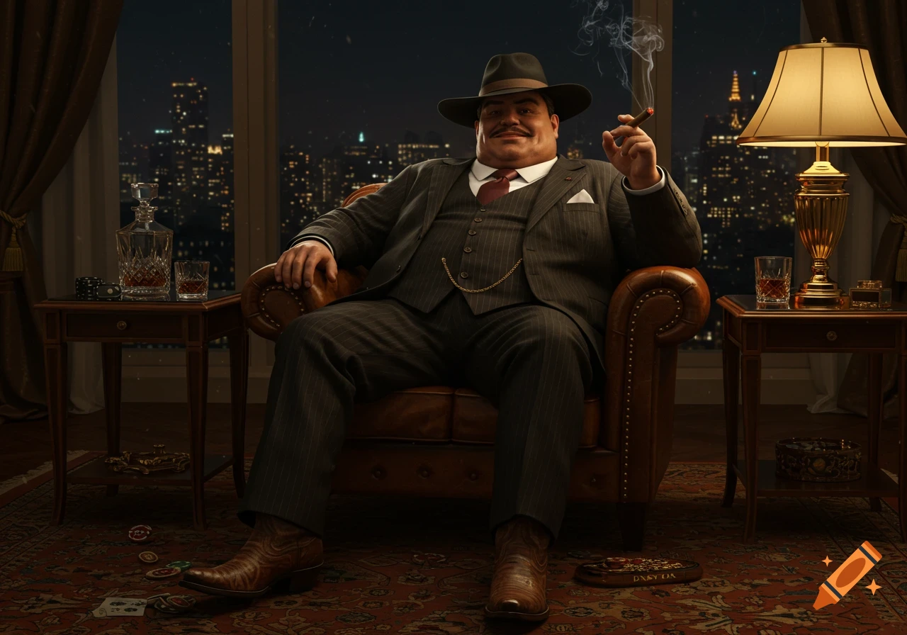 An obese man in a suit, hat, and cowboy boots, smoking a cigar in a luxurious room overlooking a city at night. Photorealistic.