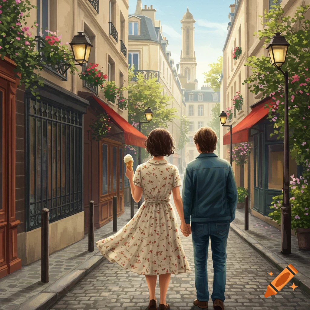 An illustrated couple walks away hand-in-hand down a charming Parisian cobblestone street lined with buildings and lampposts, with the woman holding an ice cream.