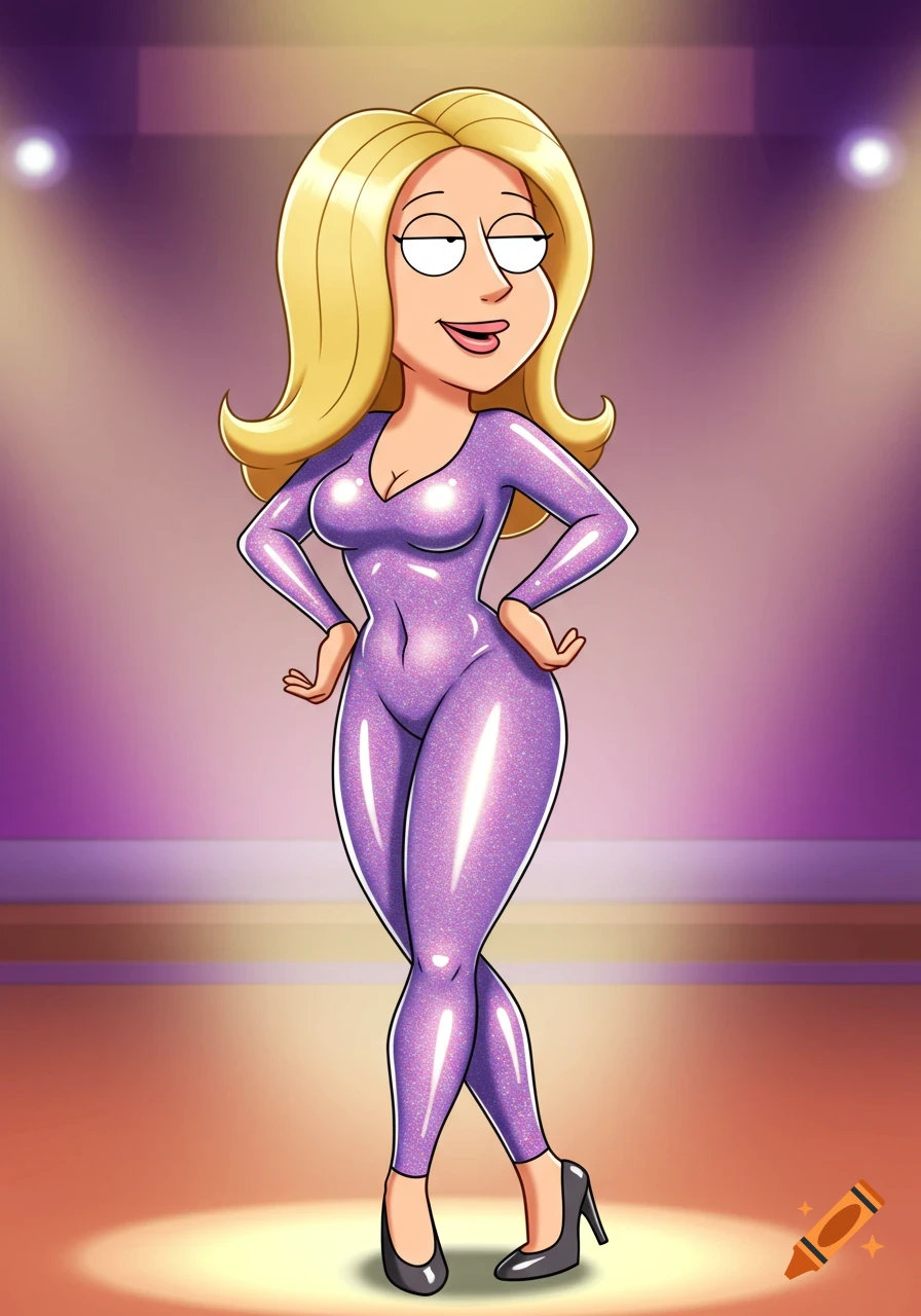A blonde woman in Family Guy cartoon style, wearing a sparkly purple bodysuit and heels, stands smiling on a stage with spotlights.