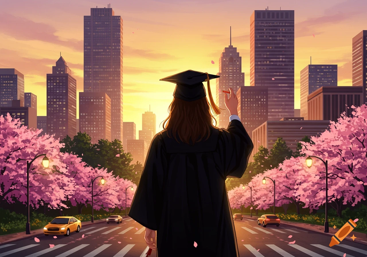 Anime graduate from behind views a city skyline with cherry blossoms at sunset.
