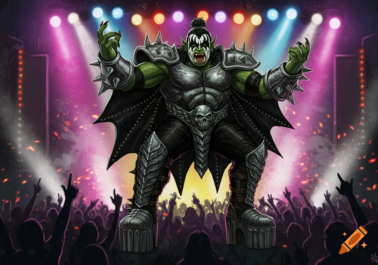 A muscular green orc wearing a spiked rockstar outfit with KISS-style face paint, performing on stage for a cheering crowd under bright lights.