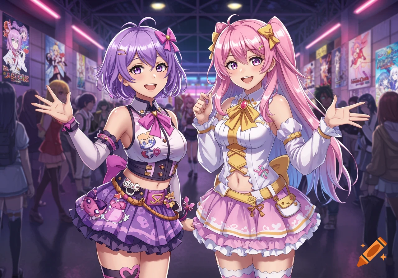 Two smiling anime girls with purple and pink hair in elaborate, colorful outfits wave in an indoor convention hall filled with posters and other people.