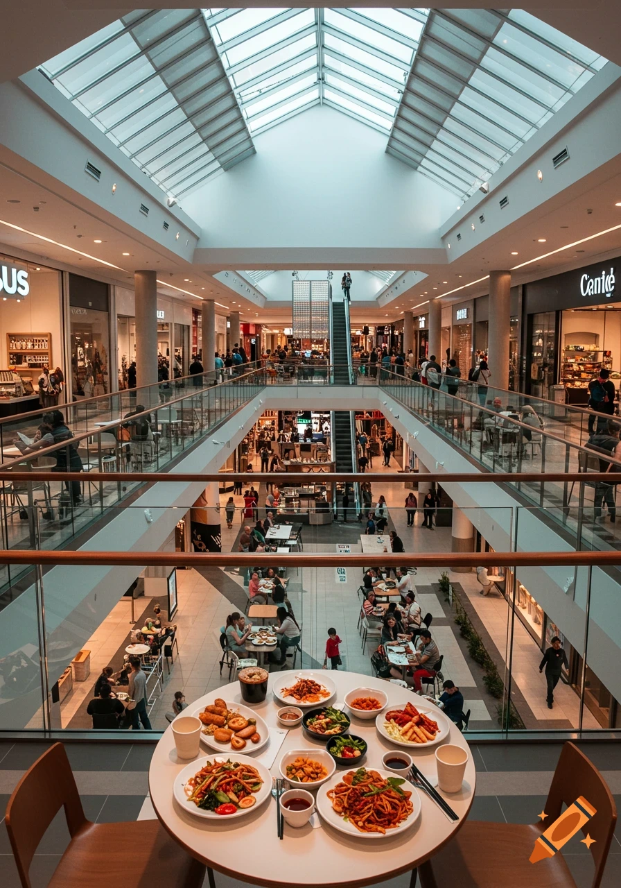 High-angle view of a multi-level shopping mall food court, with people dining and walking, and a table with various food dishes in the foreground.