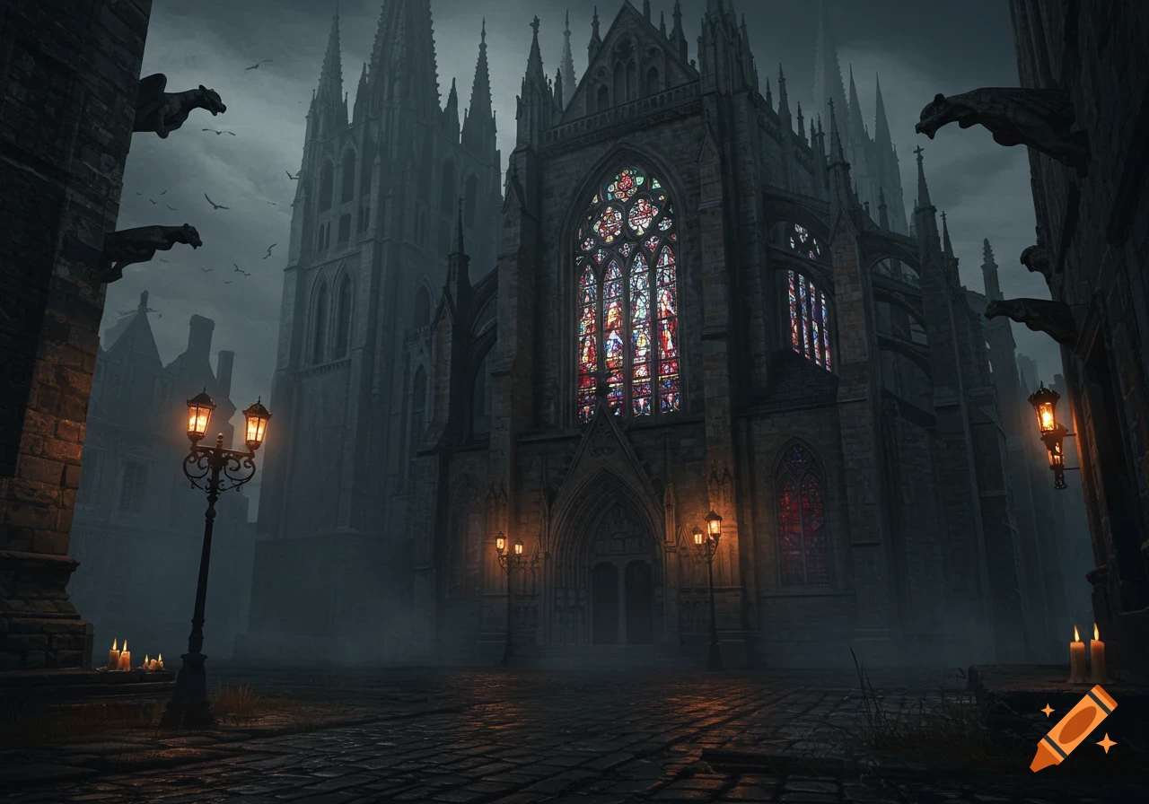 A dark gothic cathedral with glowing stained glass windows, gargoyles, and streetlights on a misty night.