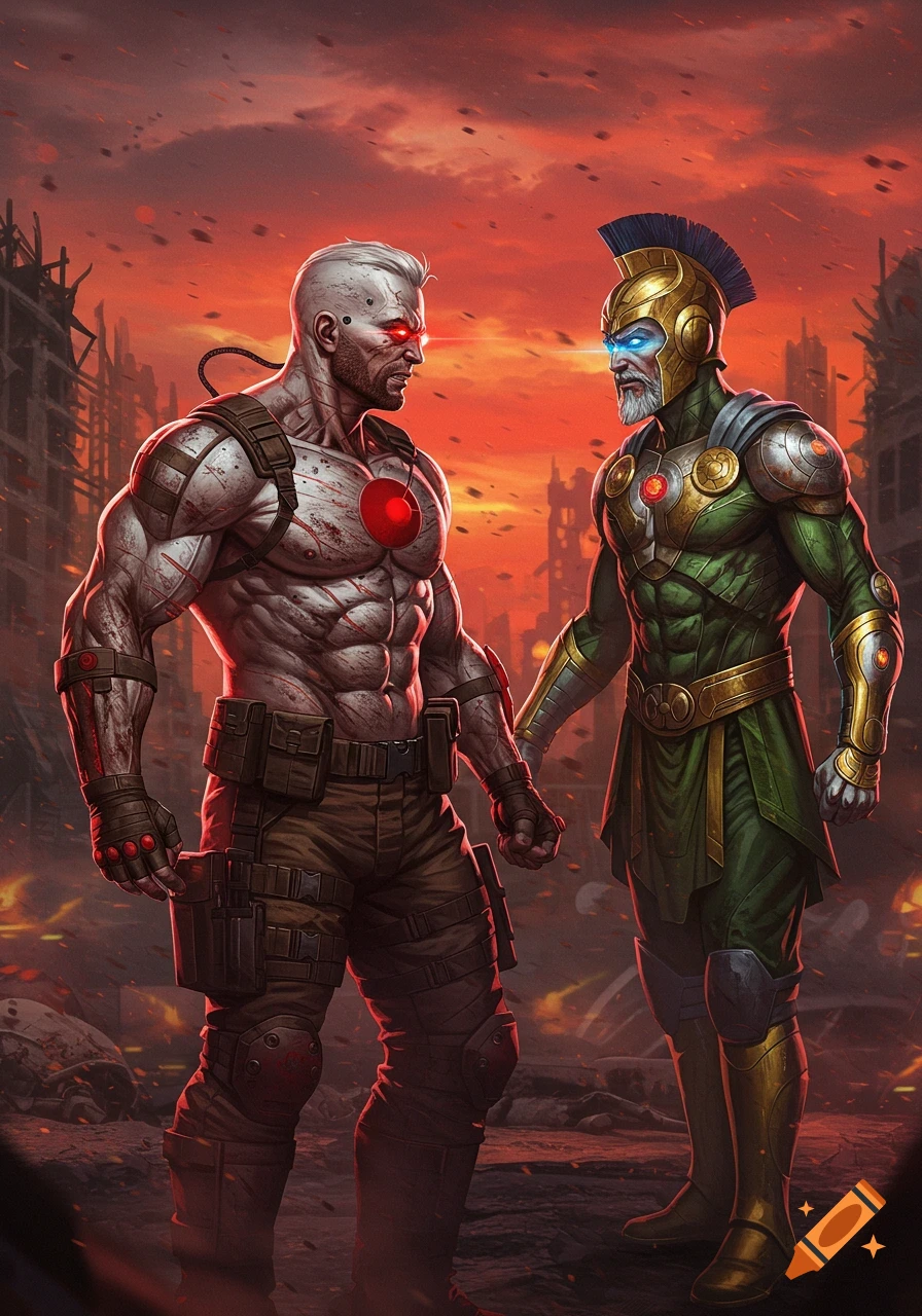 Muscular Bloodshot and Eternal Warrior confront each other in a fiery, ruined landscape in a comic book art style.