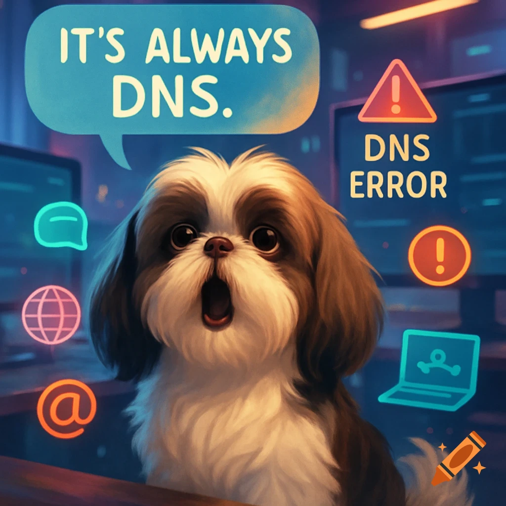 A wide-eyed Shih Tzu dog with a speech bubble reading "IT'S ALWAYS DNS" and "DNS ERROR" on a computer screen in a cartoon style.