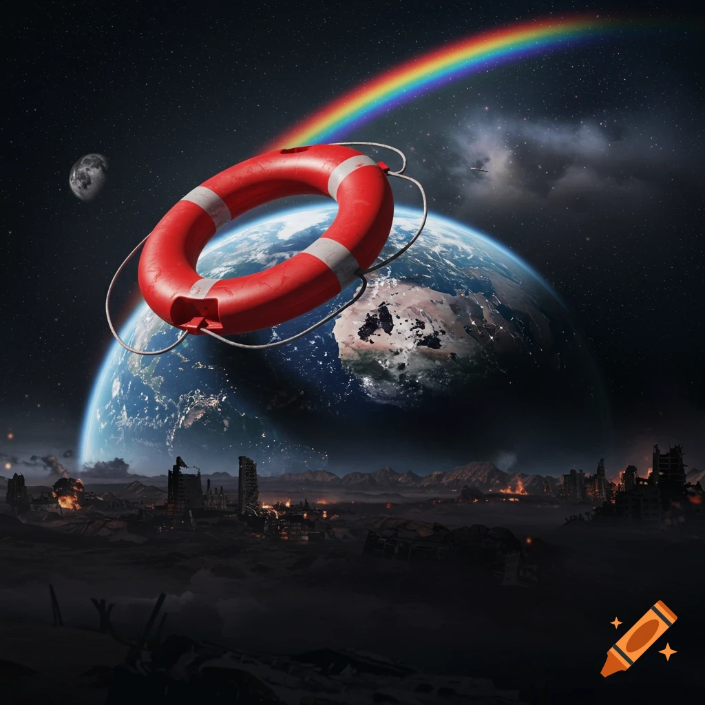 A giant red lifesaver orbits a burnt-out, bombed-out Earth, with a rainbow arching across the dark, star-filled space.