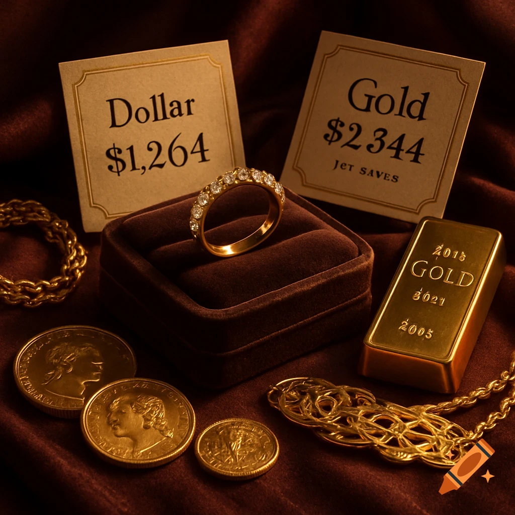 A gold diamond ring on a velvet cushion, gold coins, a gold bar, and a gold chain on a brown cloth, with two cards displaying "Dollar $1,264" and "Gold $2,344".