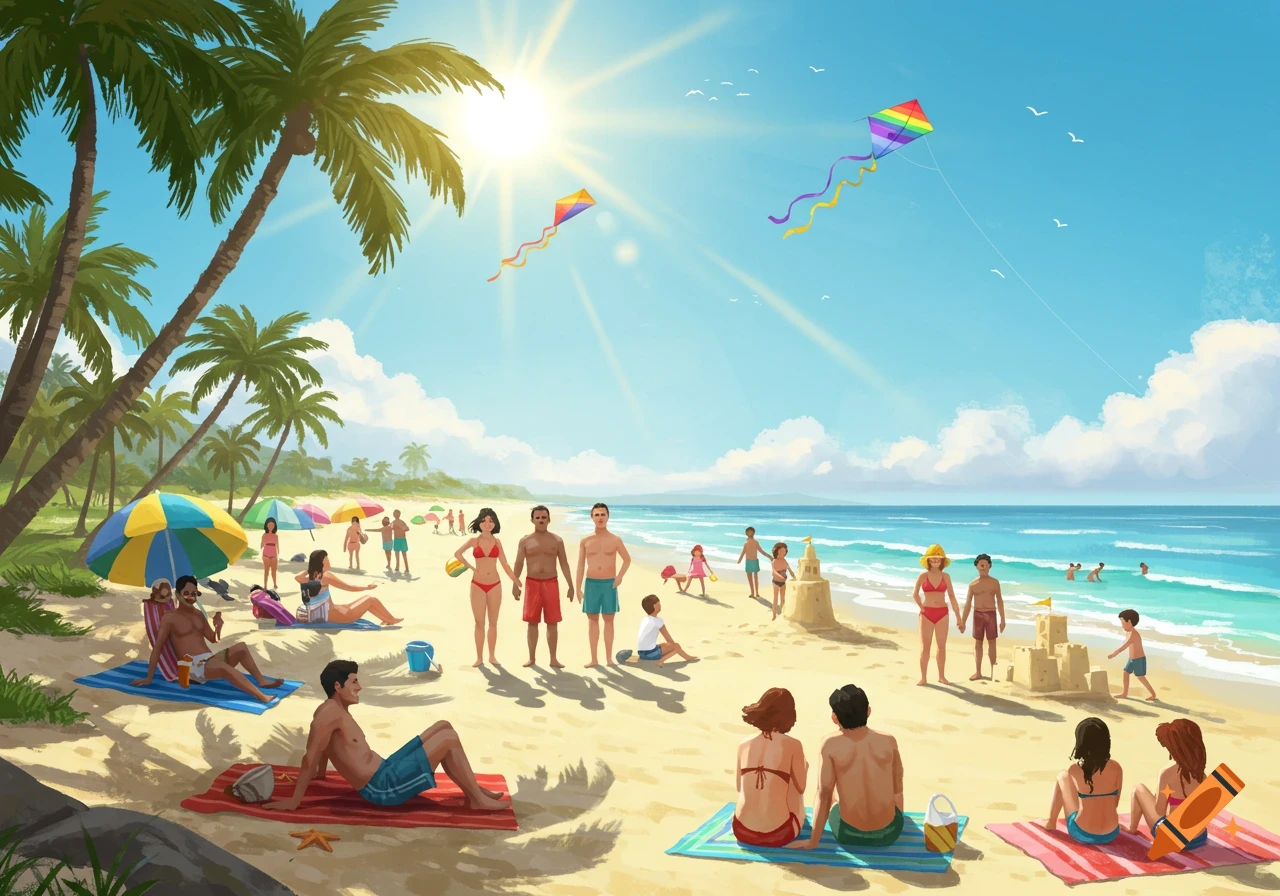 A vibrant illustration of diverse people enjoying a sunny beach with palm trees, kites, sandcastles, and ocean waves.