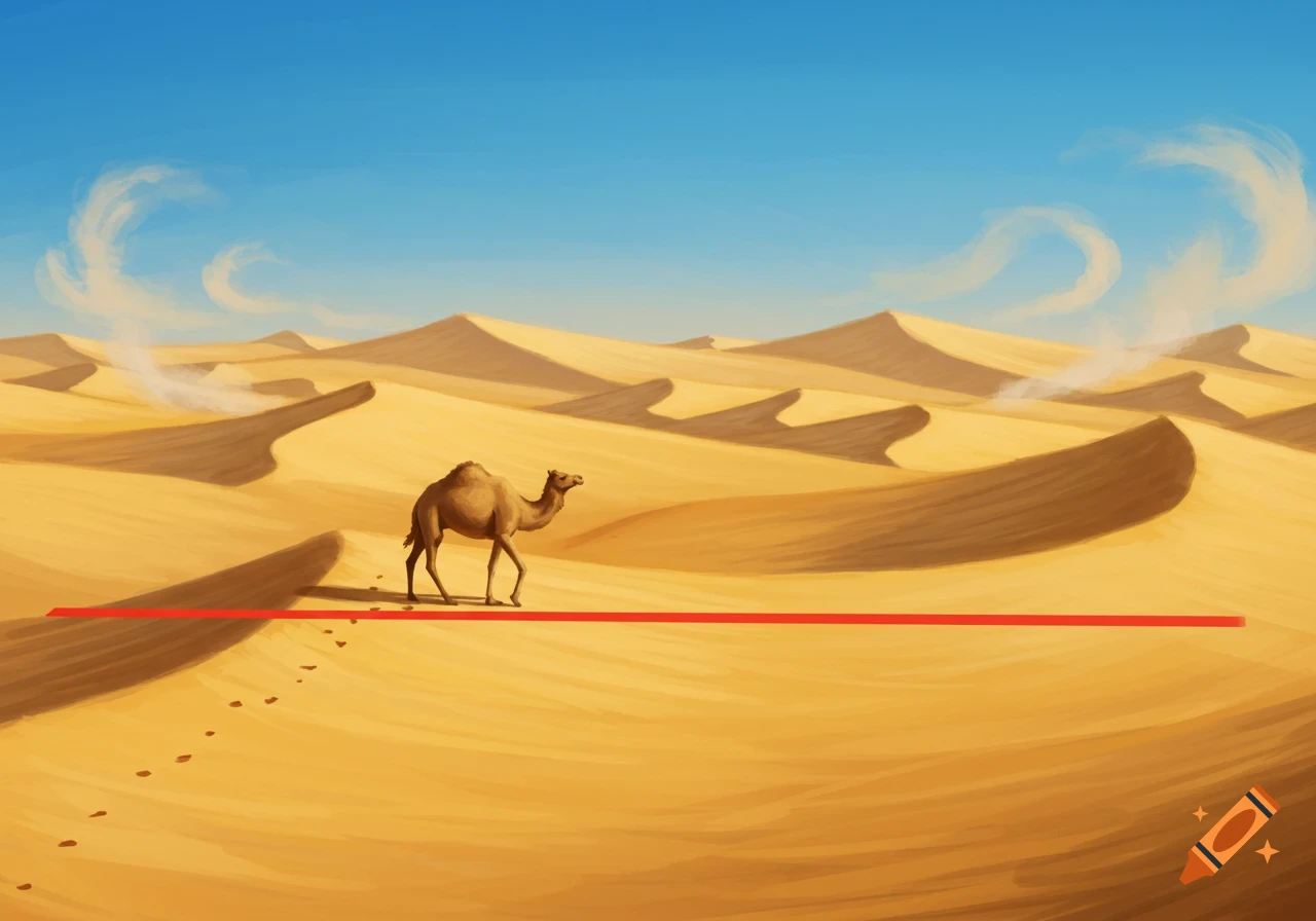 A digital illustration of a camel walking across sandy desert dunes with a prominent straight red line in the foreground under a blue sky.