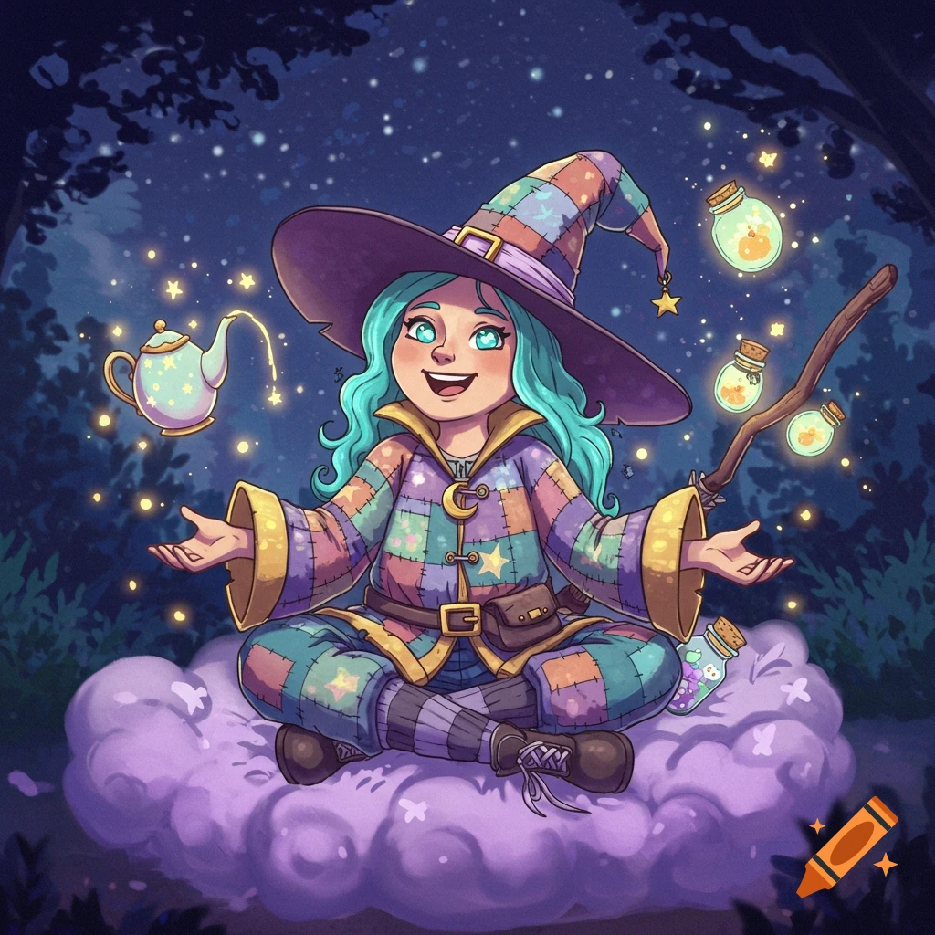A cheerful cartoon witch with blue hair and patchwork clothes sits on a purple cloud at night, conjuring magic with glowing items.