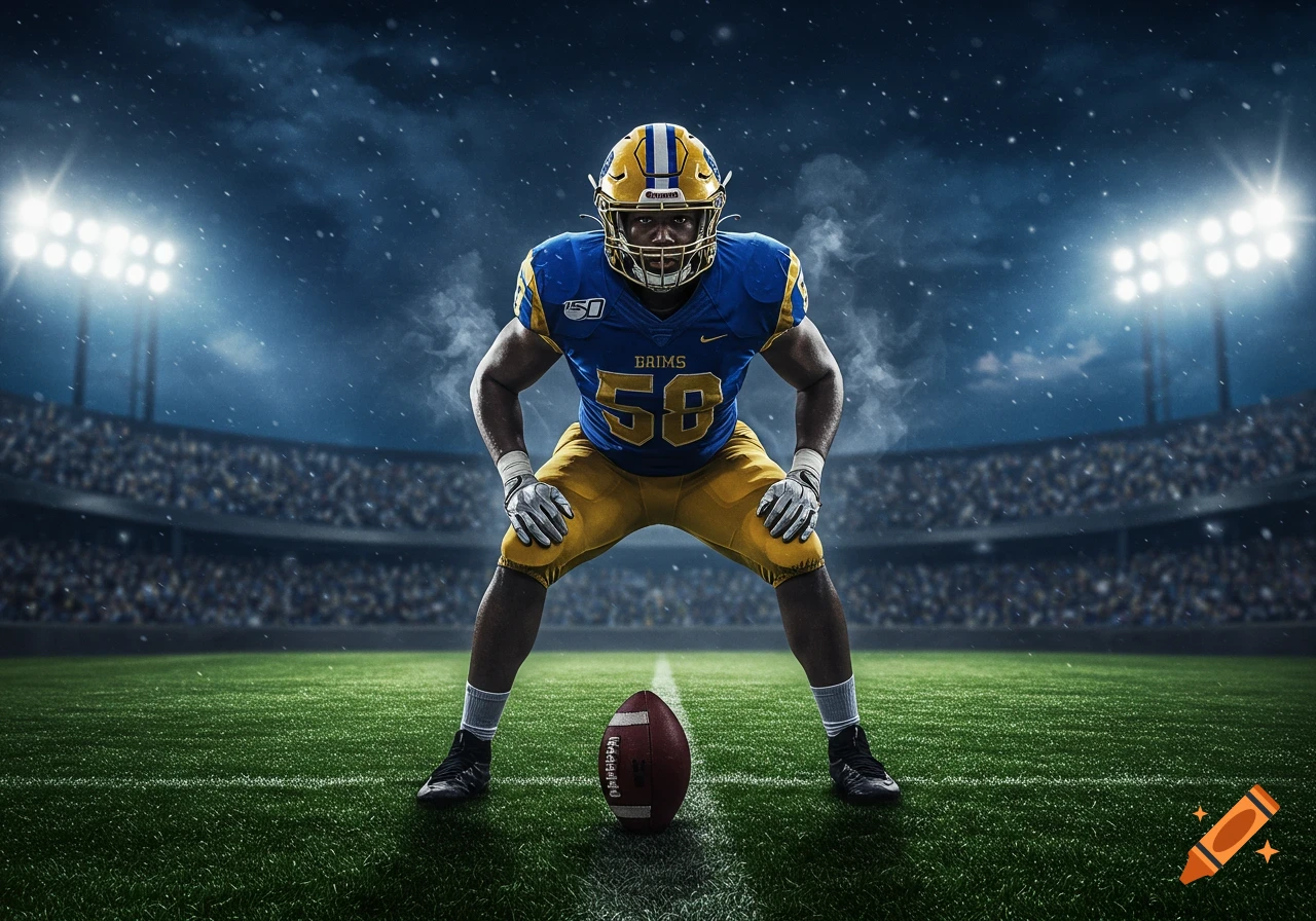 Photorealistic image of a football player in a blue and gold jersey in a stadium at night.