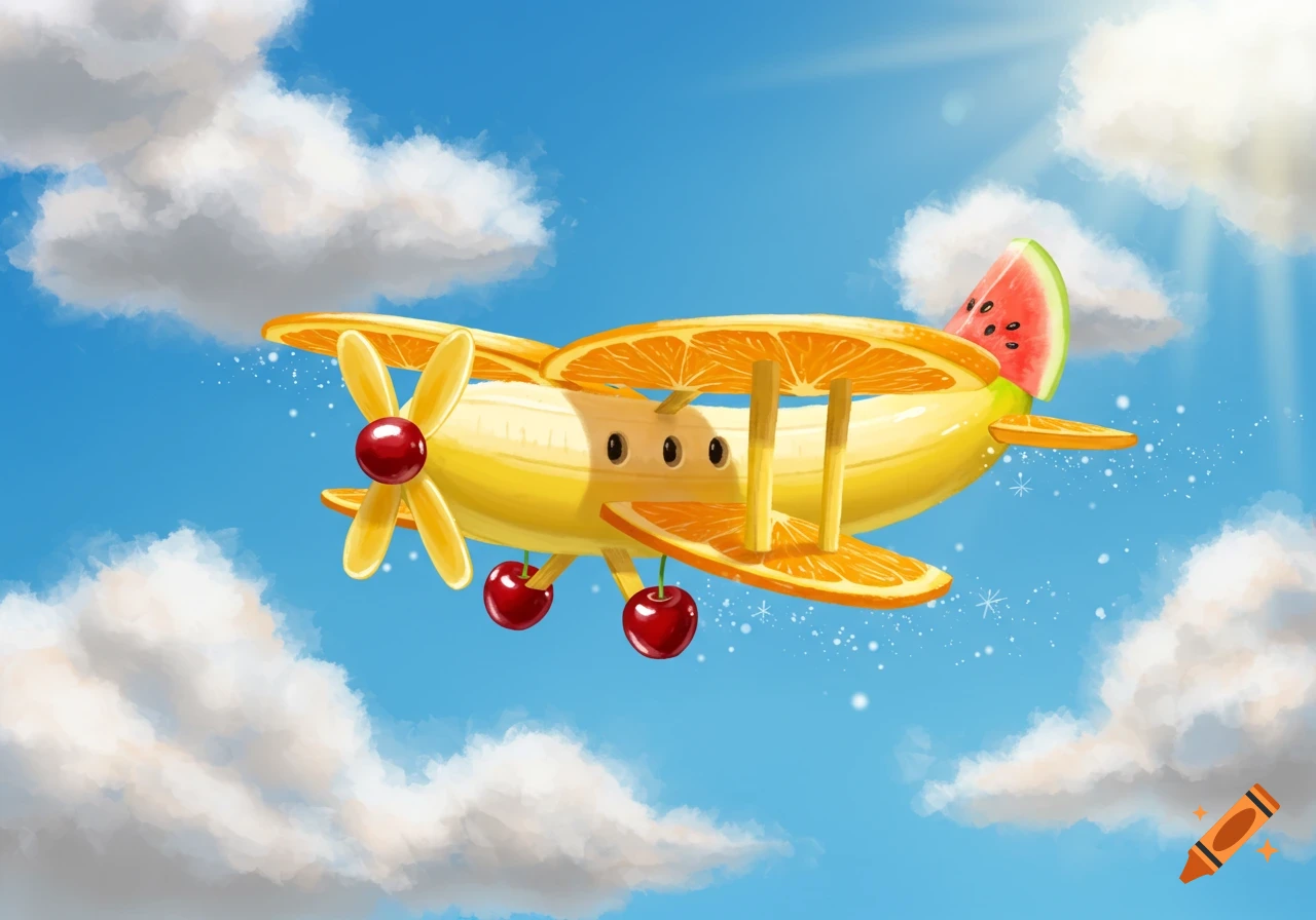 A whimsical cartoon airplane made of a banana fuselage, orange slice wings, cherry wheels, and a watermelon tail, flying in a blue sky with clouds.